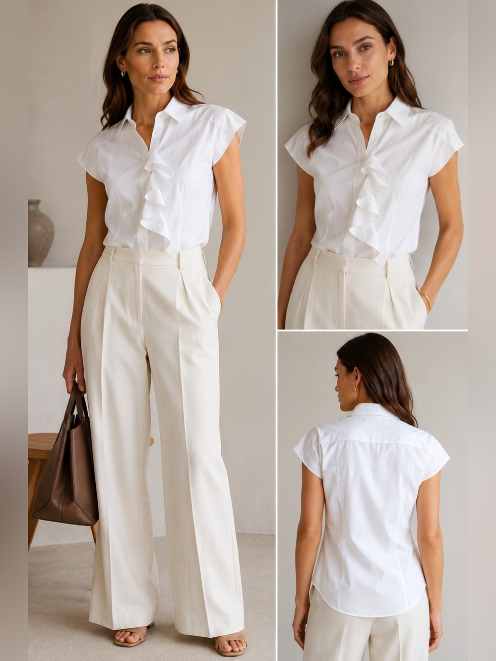 Max Mara White Cotton Ruffle Front Blouse Cap Sleeve Button Down Top Size 8